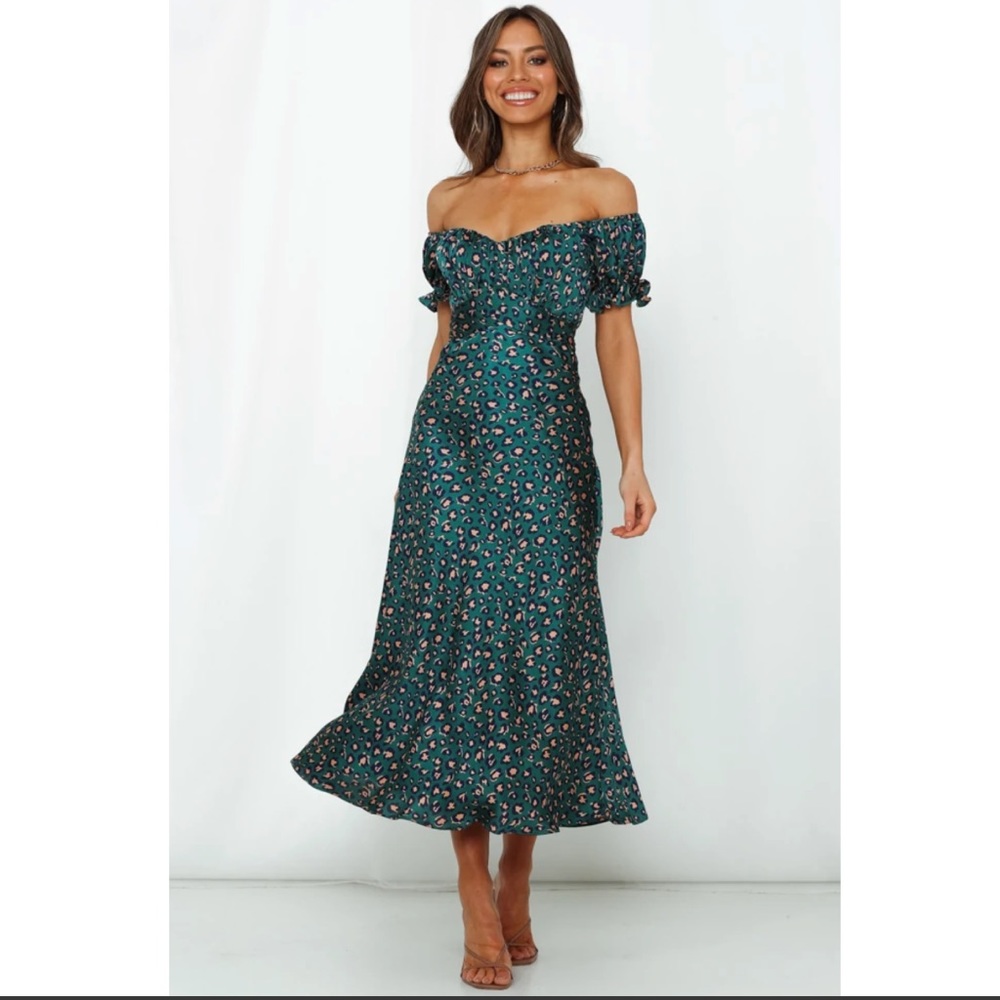 Hello Molly Green Leopard Off The Shoulder Maxi Dress Size XS